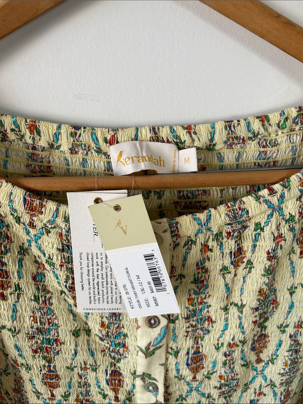 NWT $405 Verandah Butter Yellow Floral Maxi Dress Smocked Bodice M - Picture 3 of 8